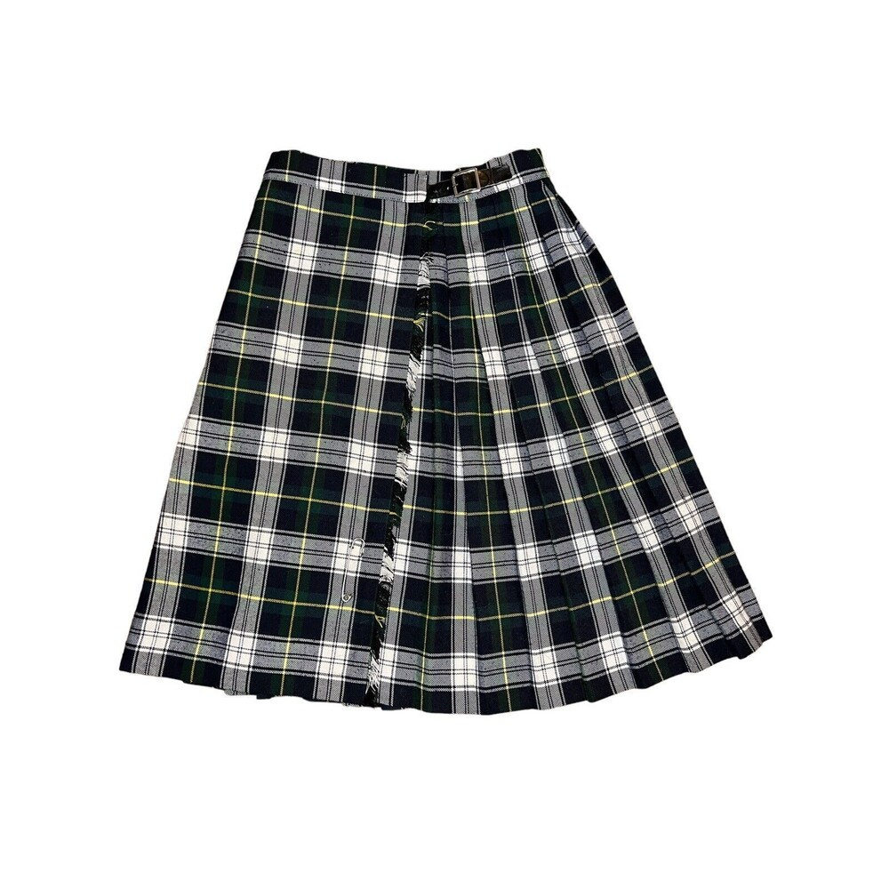 VTG St Michael Pleated Viscose Been Green Blue Plaid Wrap Long Kilt Sz Kids 10